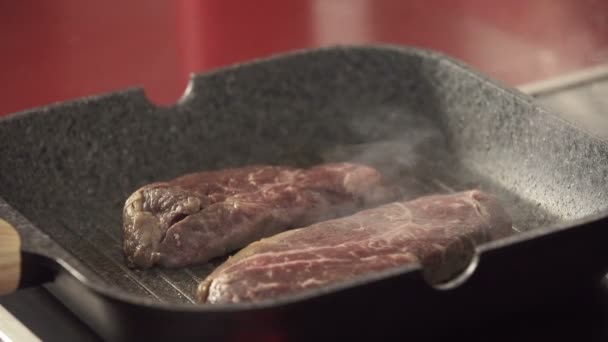 Costeleta Carne Panela Grelha — Vídeo de Stock