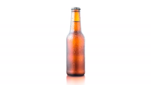 Fría Botella Cerveza Aislada Sobre Fondo Blanco — Vídeo de stock