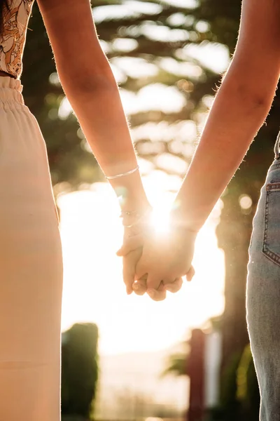Молода лесбіянка пара тримає руки, ходячи на заході сонця — стокове фото