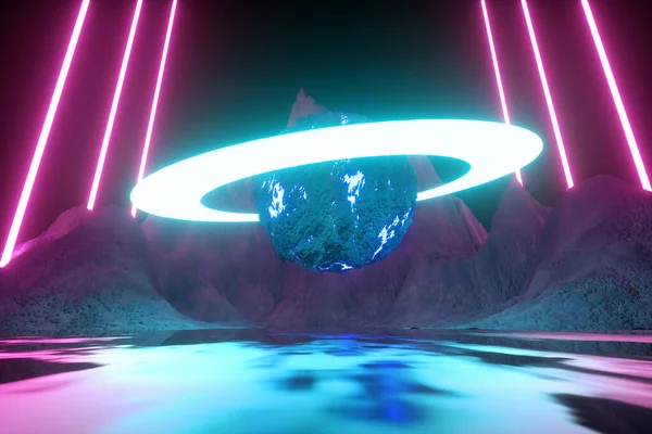 Современный футуристический неоновый абстрактный фон. Планета и кольцо в центре. Отражение света на влажной поверхности. 3D рендеринг — стоковое фото