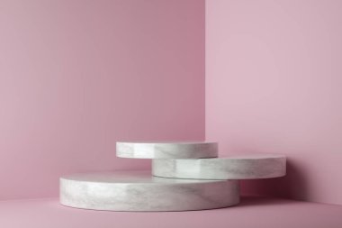 Mockup ödüllü podyum, soyut minimalizm ve pembe arka planlı gerçekçi mermer, 3D görüntüleme