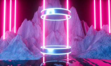 Ürün sunumu için platform. Modern fütürist neon soyut arkaplan. 3d hazırlayıcı