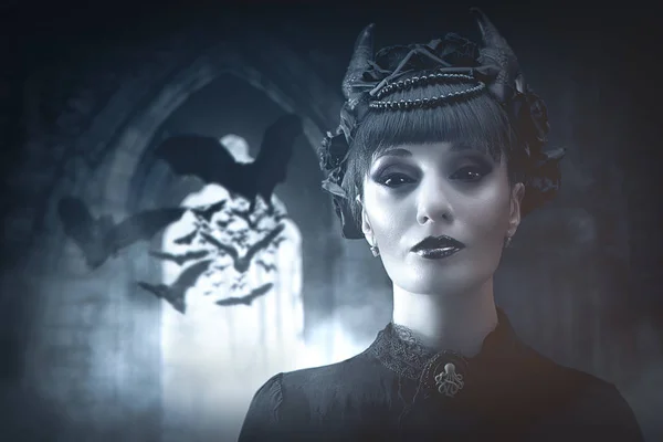 Photomanipulation of gothic lady with bats in a castle — Stock Photo, Image