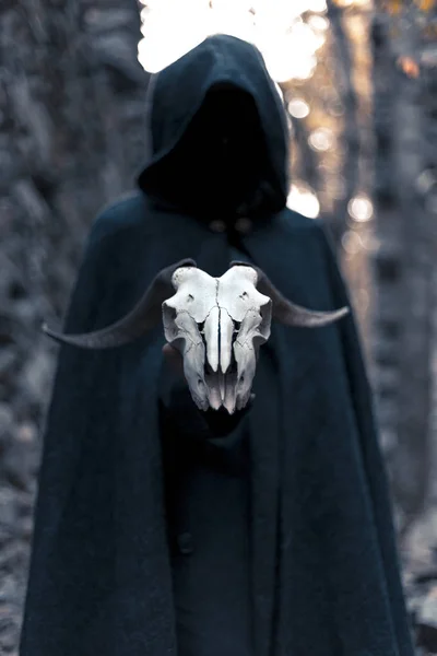 黑头罩男子在森林里抱着羚羊头骨 — 图库照片