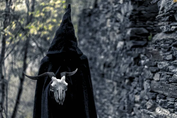 Homem Capuz Preto Segurando Crânio Antílope Floresta — Fotografia de Stock