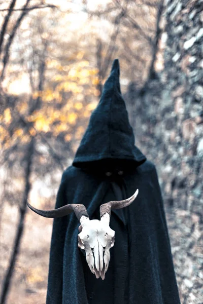 Man Zwarte Hood Holding Antelope Schedel Bos — Stockfoto