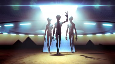 Piramitler yakınında barış içinde gelen yeryüzünde UFO ile inen Yabancılar - 3d render