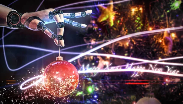 Bir Noel topu tutan bir robot el 3d render