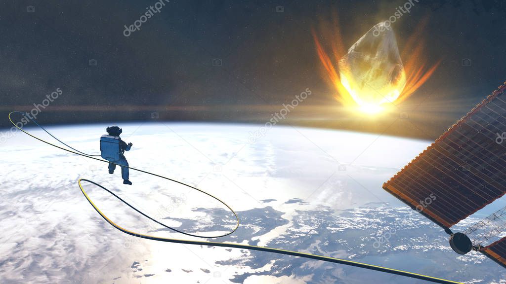 Astronaut watching the end of planet earth by an asteroid - concept- 3D rendering - Elements of this image furnished by NASA