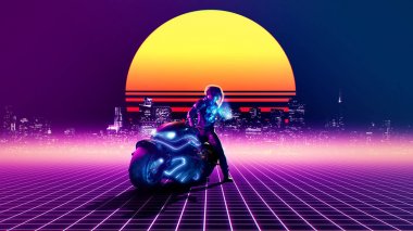 Retrowave kavramı - fütüristik bisikletçi soyut bir manzara üzerinde telefon izlerken - 3d render