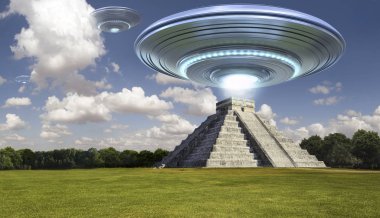 Maya piramit üzerinde Uçan daire bir ışık enerji ışını ile gündüz Chichen itza kalıntıları - 3d render - konsept sanat