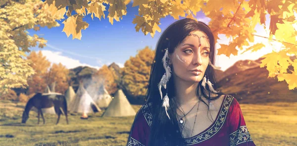 Photomanipulation Beautifull Native American Girl Wood — Stock Photo, Image