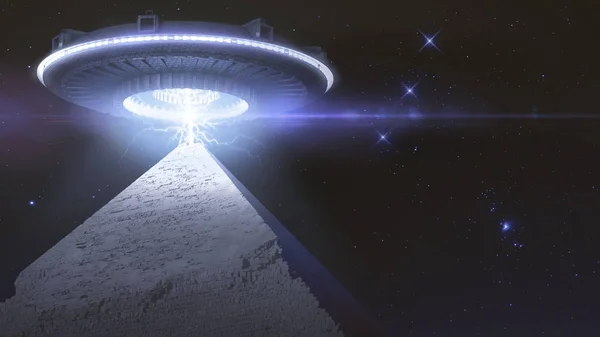 ufo over piramide, night sky, illustration