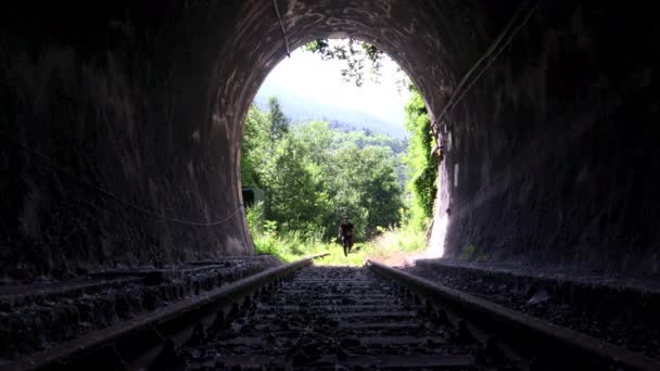 Homem Correndo Túnel Ferroviário Vídeo — Vídeo de Stock