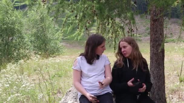 Dos Niñas Sentadas Mirando Teléfono Bajo Árbol Las Montañas — Vídeos de Stock