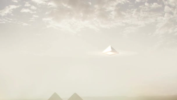ギザのピラミッド近くにピラミッドUfo着陸 芸術的表現3Dレンダリング — ストック動画