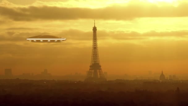 ツアーエッフェルの近くにパリの上空を飛ぶ円盤 芸術的表現3Dレンダリング — ストック動画