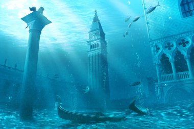 Venedik'in san Marco meydanından sanatsal temsili küresel ısınma nedeniyle deniz tarafından sular altında - fotomanipülasyon