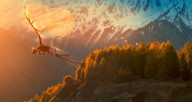 Siyah ejderha dağ üzerinde altın bir günbatımı üzerinde uçan - fotoğraf manipülasyon - 3d render