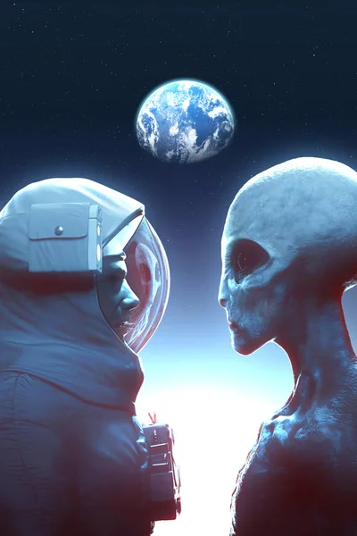 Face Face Tussen Alien Grey Astronaut Met Aarde Backround Rendering — Stockfoto