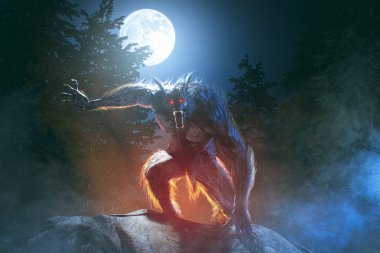 Scary Werewolf in misty moonlight night in the forest - 3D rendering clipart