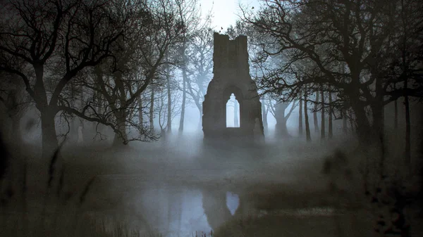 Fantasma Rondando Las Ruinas Una Catedral Bosque Brumoso Cerca Lago — Foto de Stock