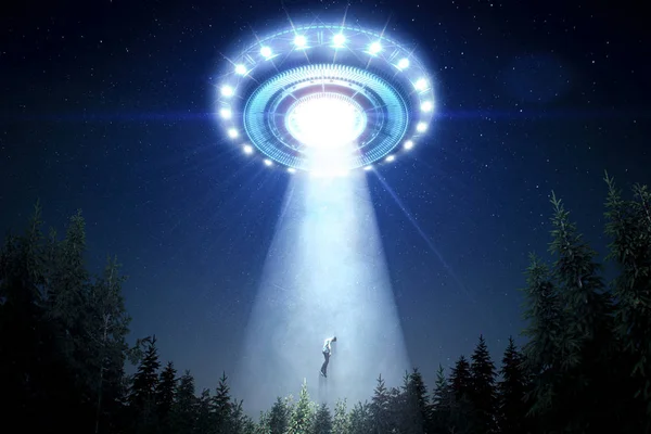 森の中で明るい光線を持つ空飛ぶ円盤によって誘拐された男 3Dレンダリング — ストック写真
