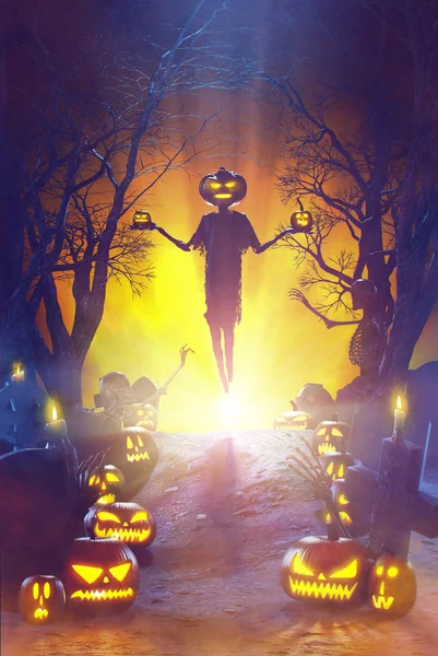 Pumpkinhead Apparaissent Lumière Orange Sur Une Colline Dans Cimetière Réveillant — Photo