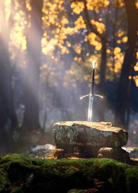 Taştaki Excalibur Kılıcı ormandaki güneş ışığıyla aydınlandı yosunlu kayalar üzerinde - kavram sanatı - 3D görüntüleme
