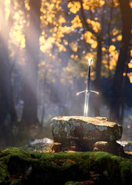Excalibur Sword in the stone lightened by the sunray in the forest on mossy rocks - concept art - 3D rendering clipart