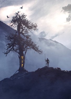 Yggdrasil yakınlarında gizemli bir figür. Gövdesinde parıldayan mühür ve sisli dağlarda uçan karga. Konsept sanatı.