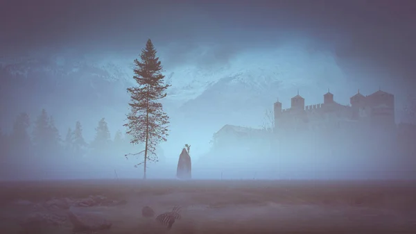 术士在雾中漫步在老杉树旁和一个小湖中 后背有骷髅 概念艺术 3D渲染 — 图库照片