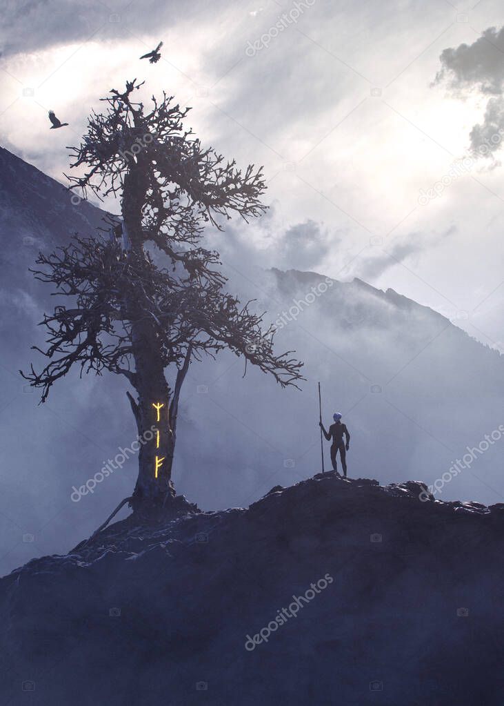 Mysterious figure near Yggdrasil with glowing rune on the trunk and crow flying on misty mountains - concept art - 3D rendering