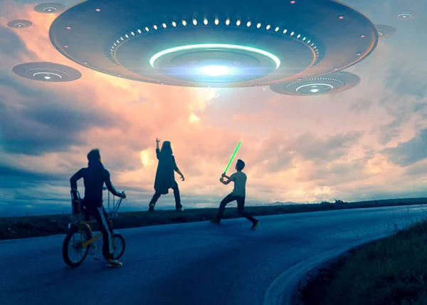 Children try to stop the alien invasion on a big flying saucer  in a beautiful sunset sky -  concept art - 3D rendering