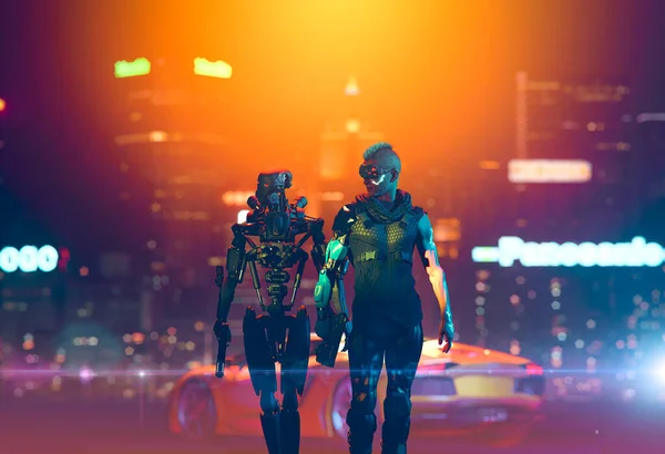 Couple Cyberpunk Marchant Dans Une Ville Futuriste Nuit Rimini Italie — Photo