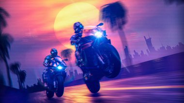 cyberpunk biker on a retrowave sunset with a glitch and high-speed effect - concept art - 3D rendering clipart