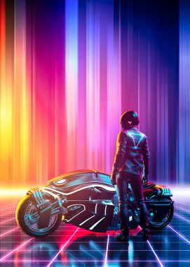 Cyberpunk motorbike on a vibrant colorful retrowave landscape with a grid pattern in the cyberspace vertical version - concept art - 3D rendering  clipart