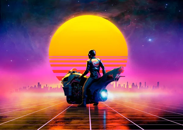 stock image Retrowave biker on a futuristic motorbike on a virtual landscape in the sunset - concept art - 3D rendering