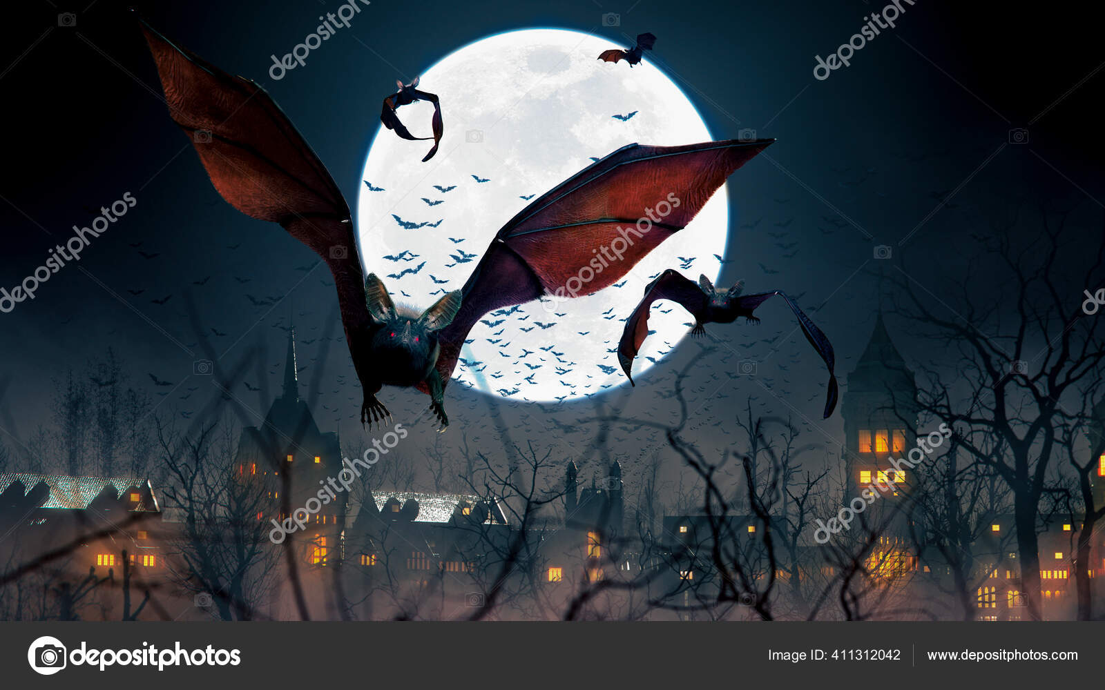 Flying Bats Full Moon Scary Night Trees Gothic Village Orange Stock Photo by ©DanieleGay 411312042