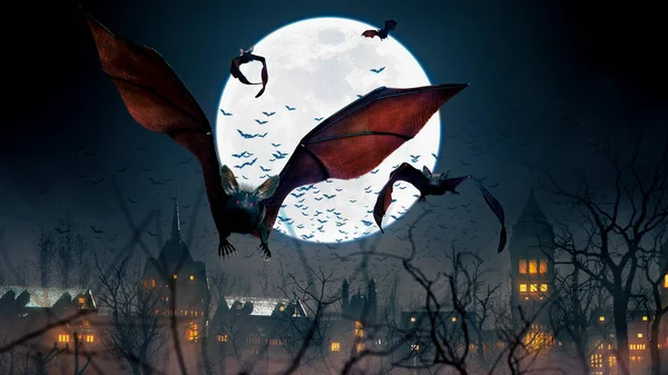 Flying bats over a full moon in a scary night with trees in a gothic village and orange lights - concept art - 3D rendering