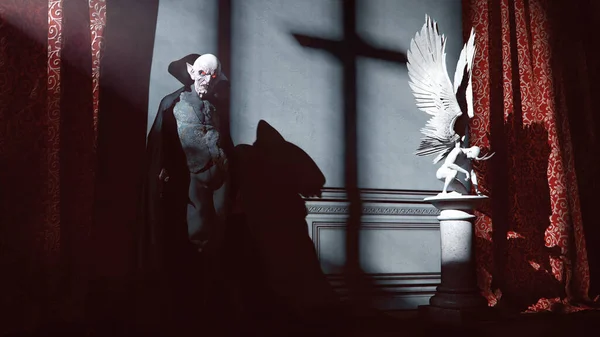 德拉库拉伯爵站在月光下的魔鬼雕像旁边 在城堡的阴影中 概念艺术 3D渲染 — 图库照片