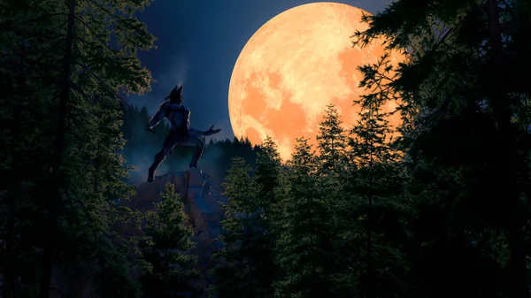Werwolf Heult Dunklem Und Kaltem Wald Roten Mondlicht Konzeptkunst Rendering — Stockfoto
