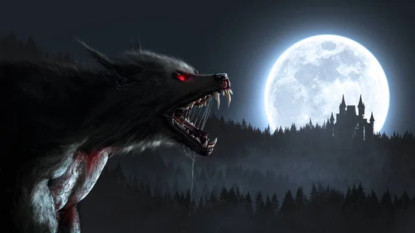 Werwolf Knurrt Mondlicht Über Einem Vollmond Der Auf Einen Wald — Stockfoto