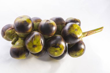 beyaz yüzeyde dal üzerinde olgun Çin kahverengi ve yeşil meyveleri 