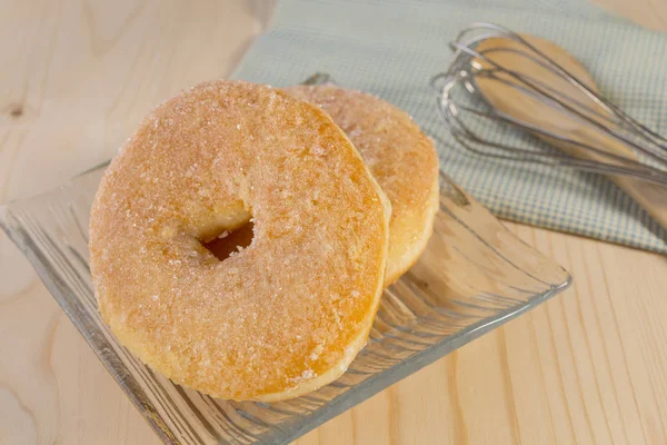 Homemade Glazed Donuts Sugar Topped Wooden Background — Stock Photo, Image