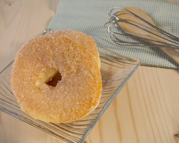 Homemade Glazed Donuts Sugar Topped Wooden Background — Stock Photo, Image