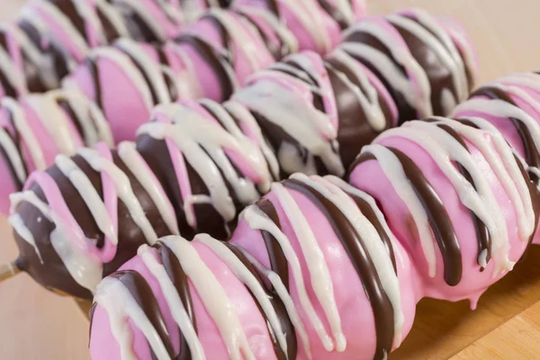 Homemade Donut Strawberry Chocolate Coated Doughnuts Rainbow Sugar Topping Wooden — Stock Photo, Image