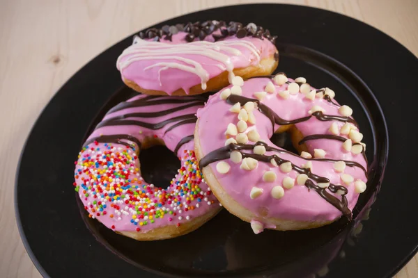 Homemade Donut Strawberry Chocolate Coated Doughnuts Rainbow Sugar Topping Black — Stock Photo, Image