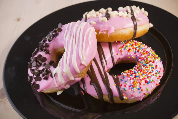 Homemade Donut Strawberry Chocolate Coated Doughnuts Rainbow Sugar Topping Black — Stock Photo, Image