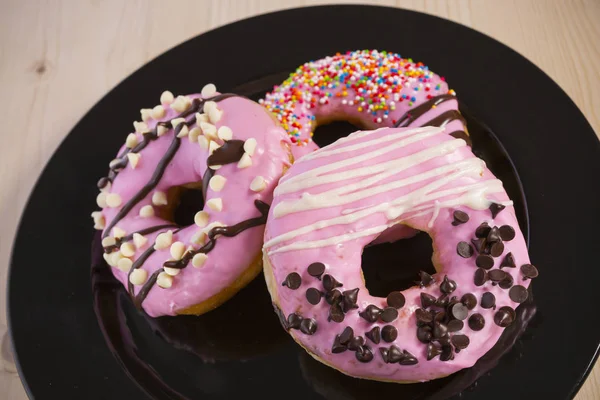 Homemade Donut Strawberry Chocolate Coated Doughnuts Rainbow Sugar Topping Black — Stock Photo, Image